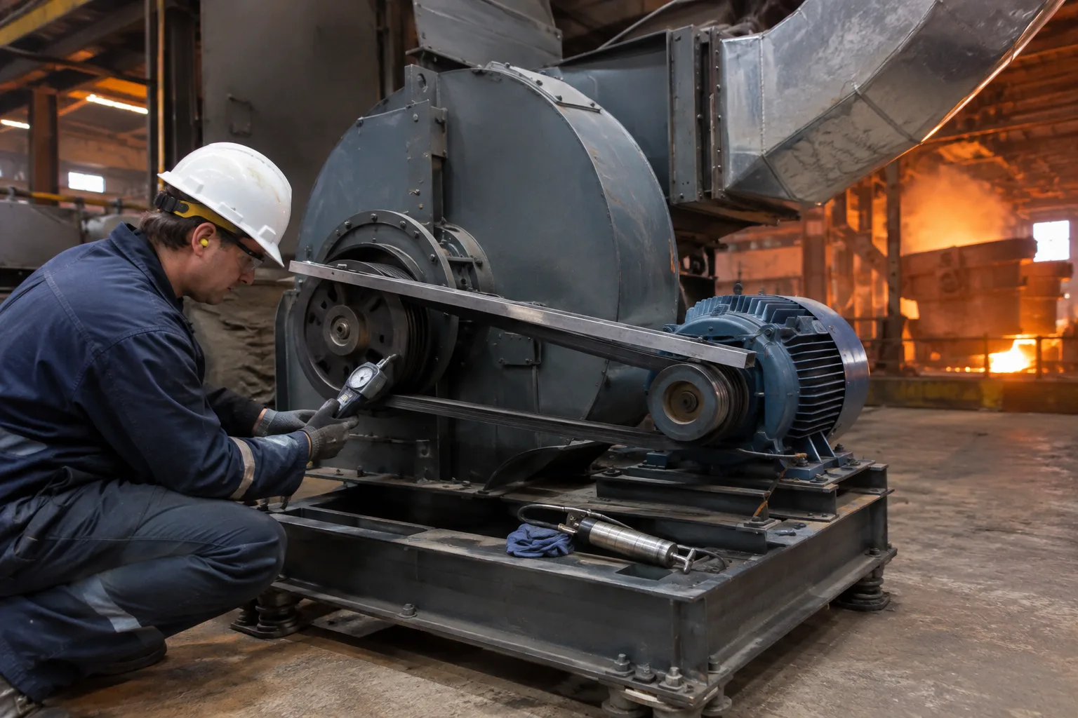 Technician checking V-belt tension and pulley alignment on an industrial blower during routine maintenance