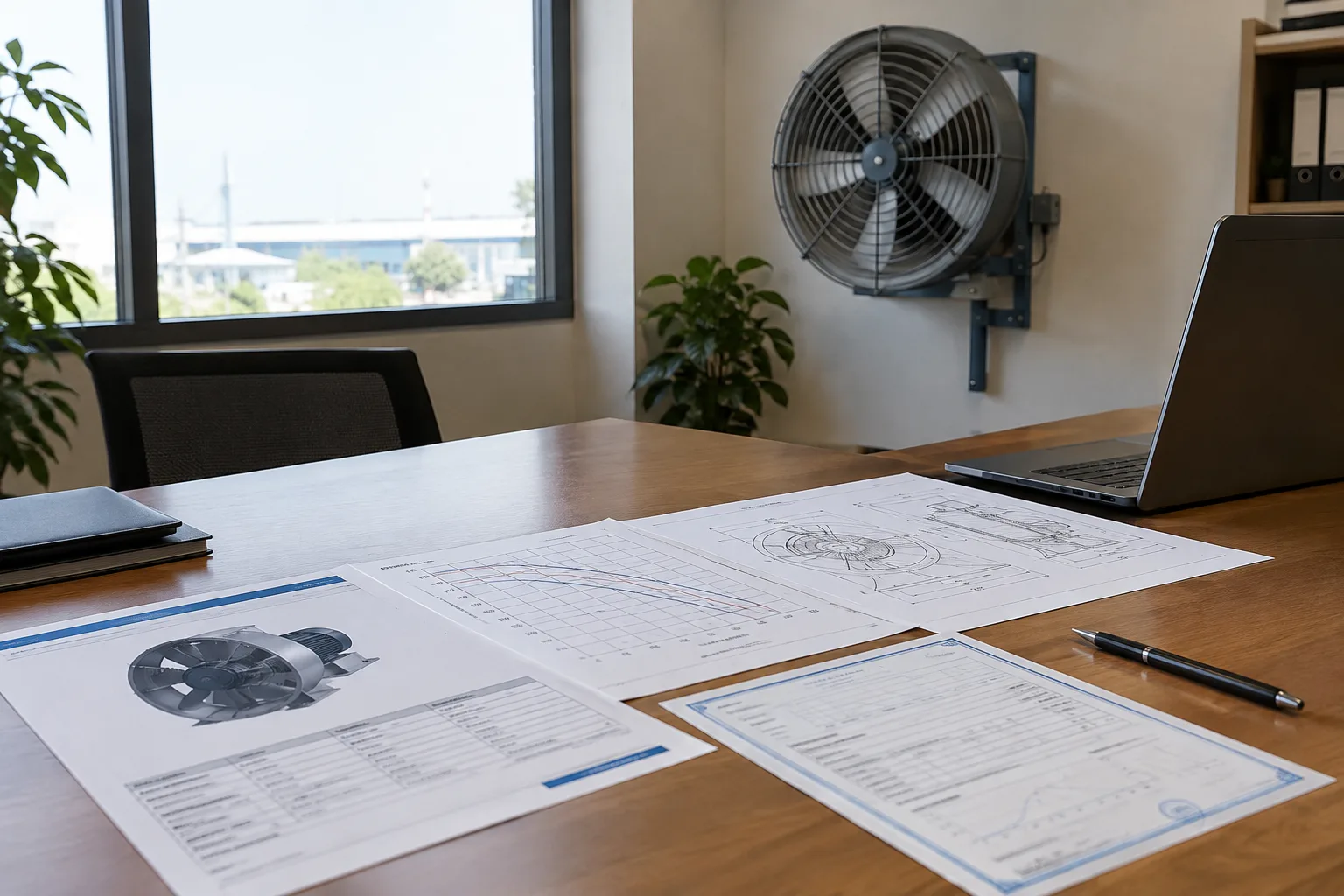 Fan datasheet, performance curve, drawing and motor test certificate laid out on a desk