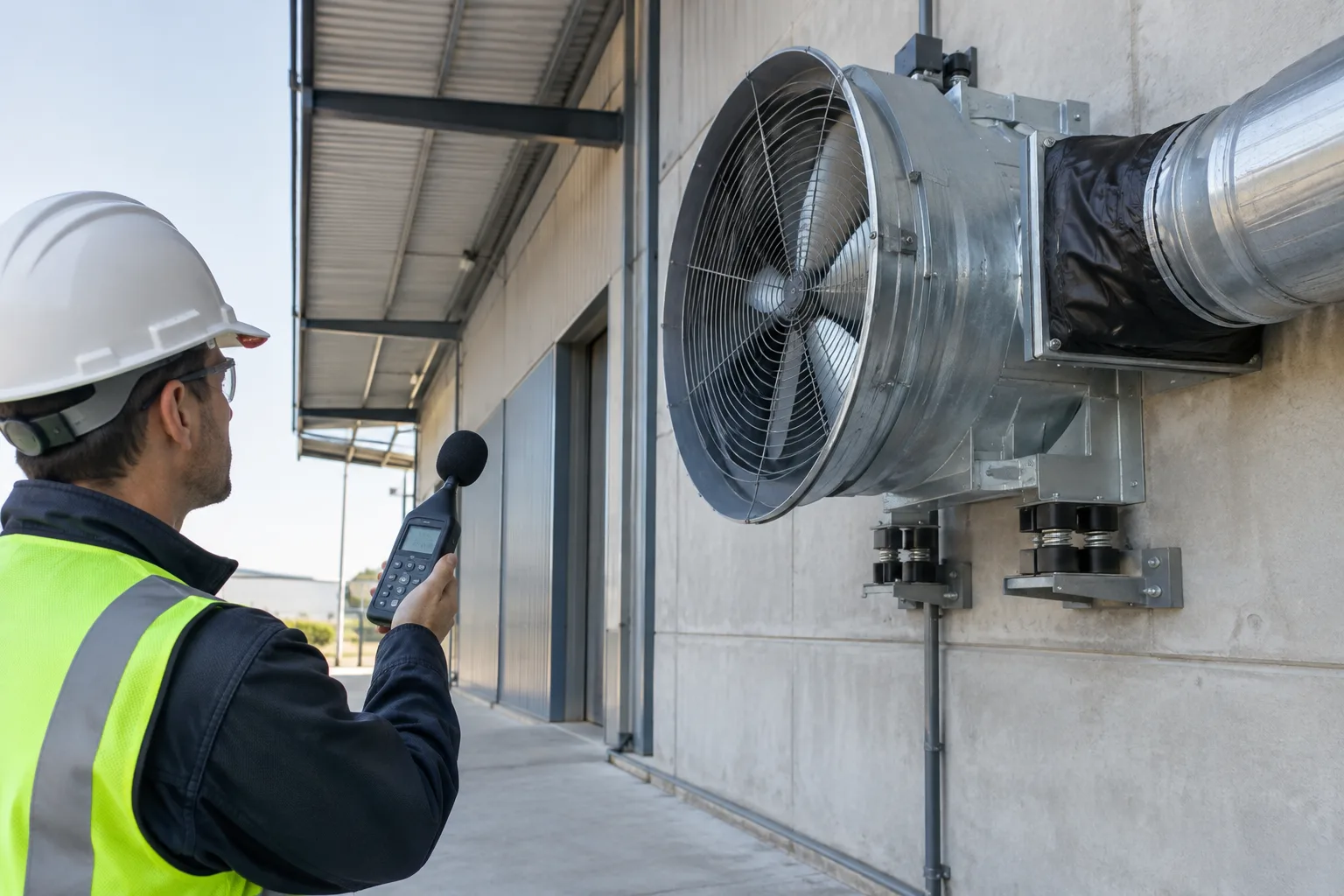 Heavy duty exhaust fan on anti-vibration mounts connected to straight ductwork in a factory