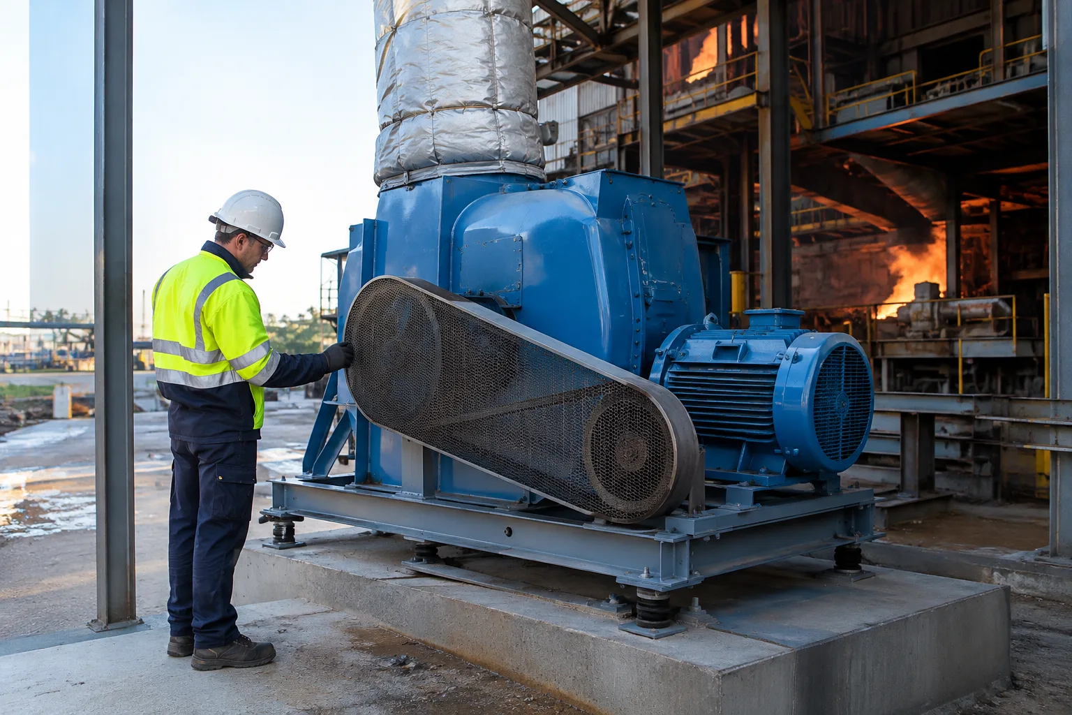 Belt driven centrifugal blower connected to ducting in a foundry, with its motor kept away from the hot air path