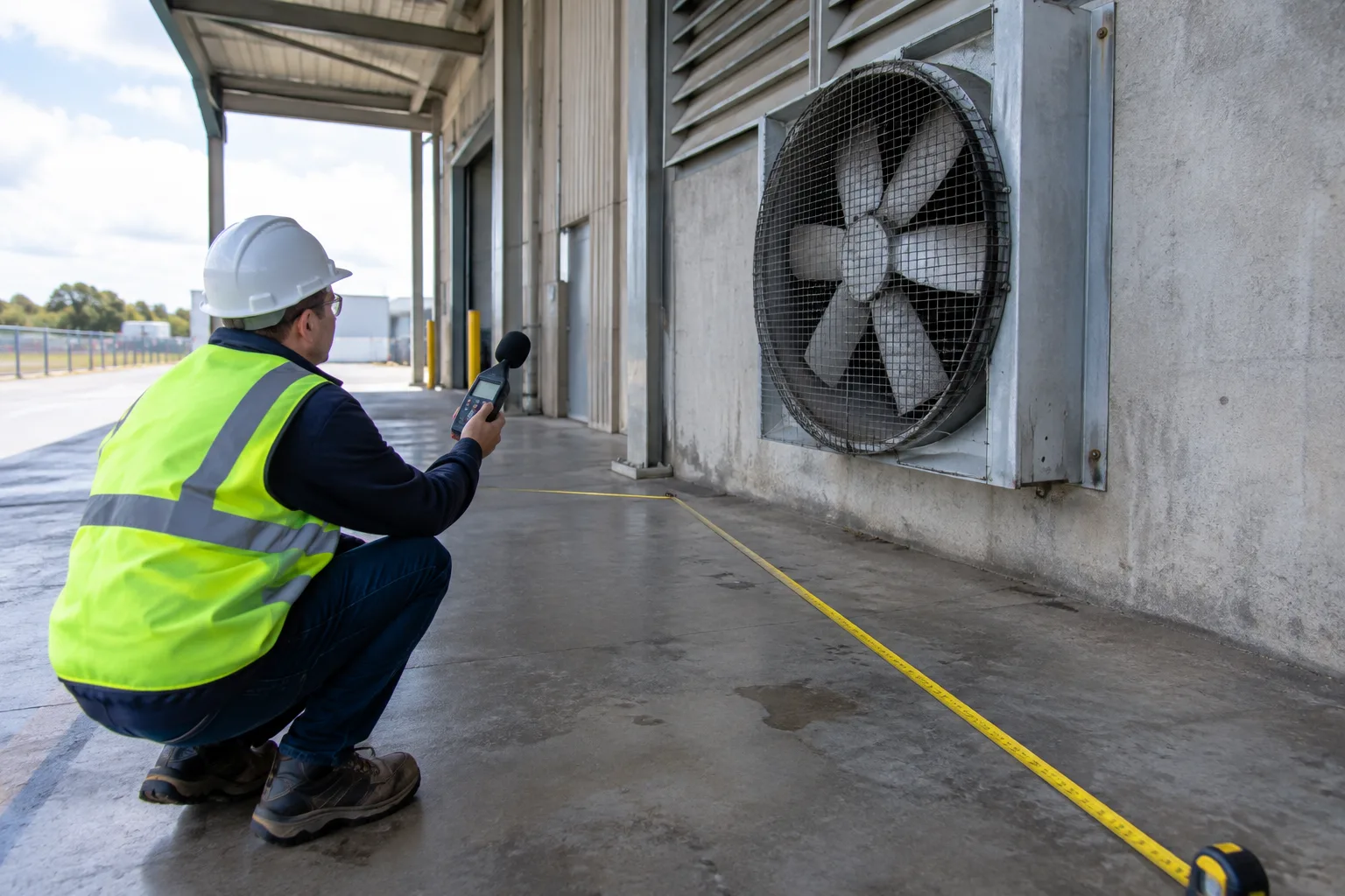 Engineer holding a sound level meter at a set distance from a wall-mounted heavy duty exhaust fan