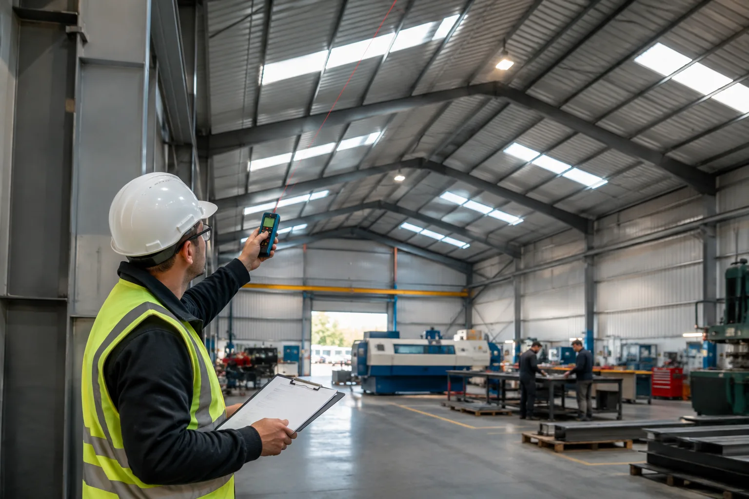 Engineer measuring the roof height of a factory shed with a laser meter to work out building volume