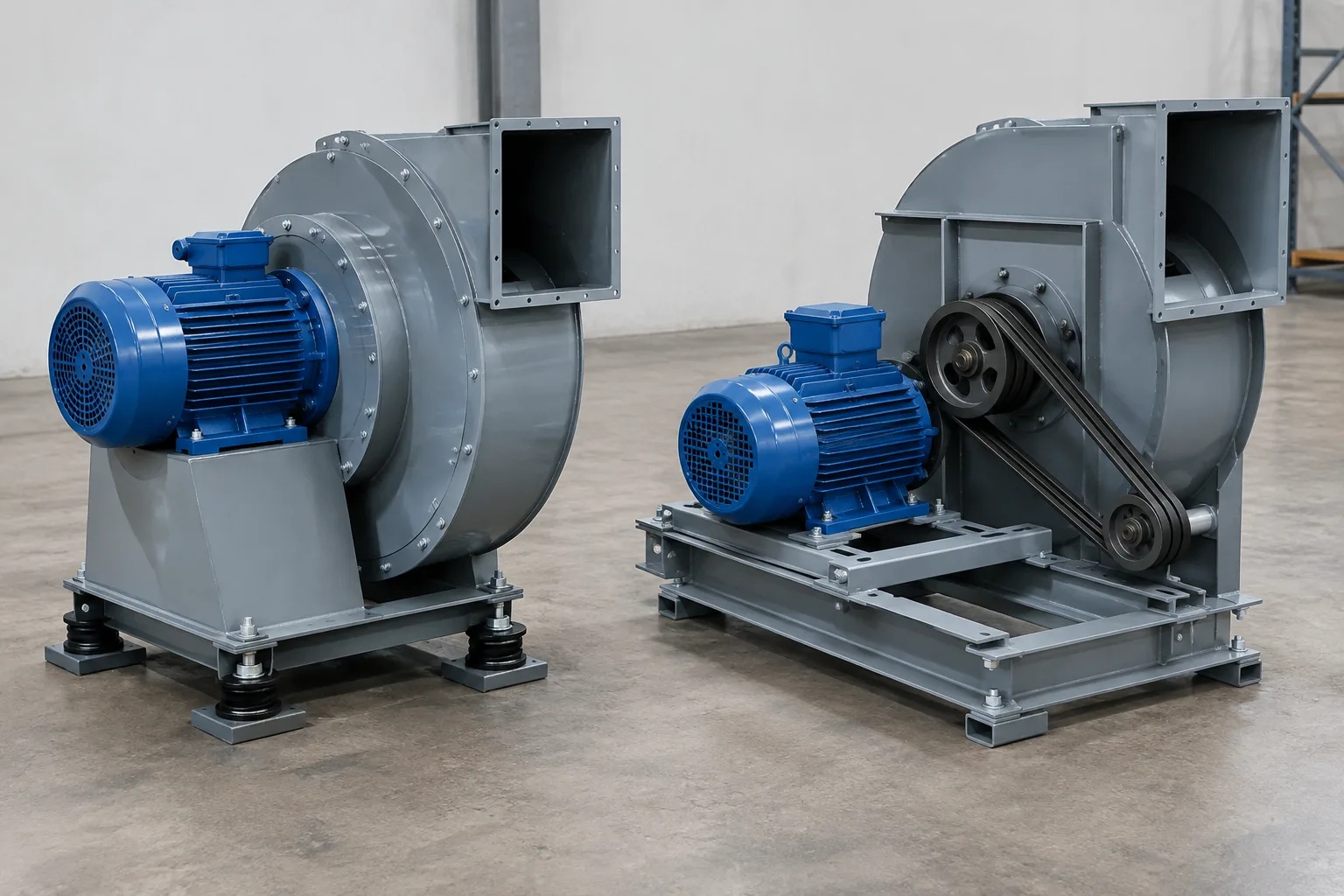 Direct drive blower with motor fixed to the housing beside a belt drive blower with pulleys and V-belts