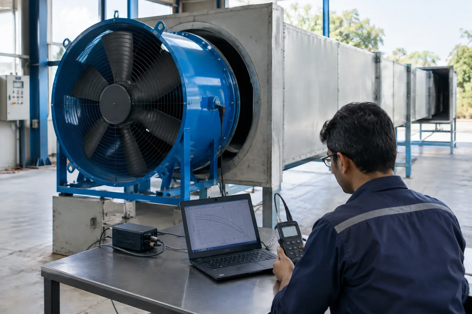 Engineer checking static pressure readings on a tube axial fan connected to a test airway