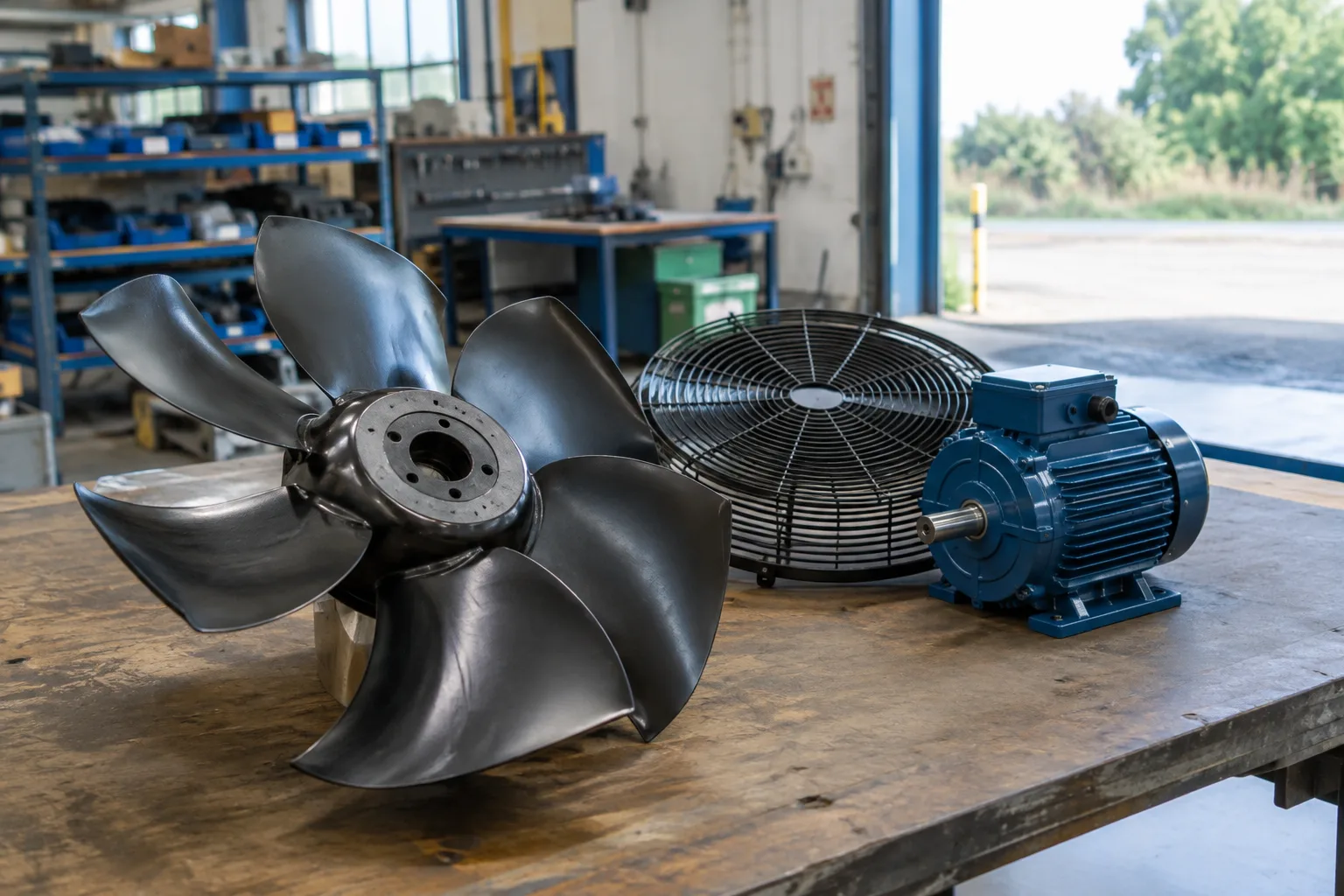 Industrial axial fan impeller with curved aerodynamic blades on a workbench next to its motor and guard