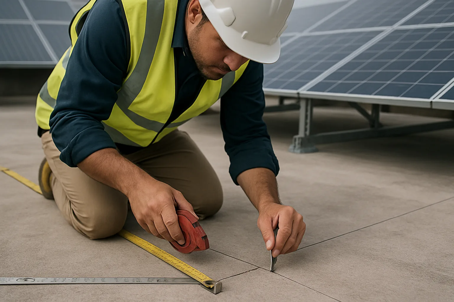 Close up of a site engineer snapping a chalk line and punch marking anchor centres on an RCC terrace, steel tape and string line visible, partially bu