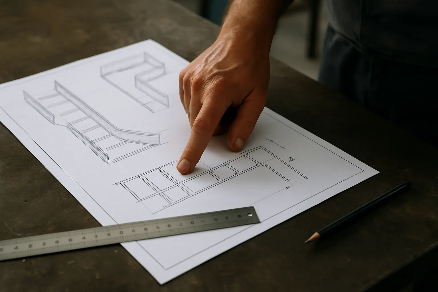 A marked-up cable tray layout drawing on a workshop table with a steel rule and pencil, a technician's hand pointing at a bend angle noted in the marg