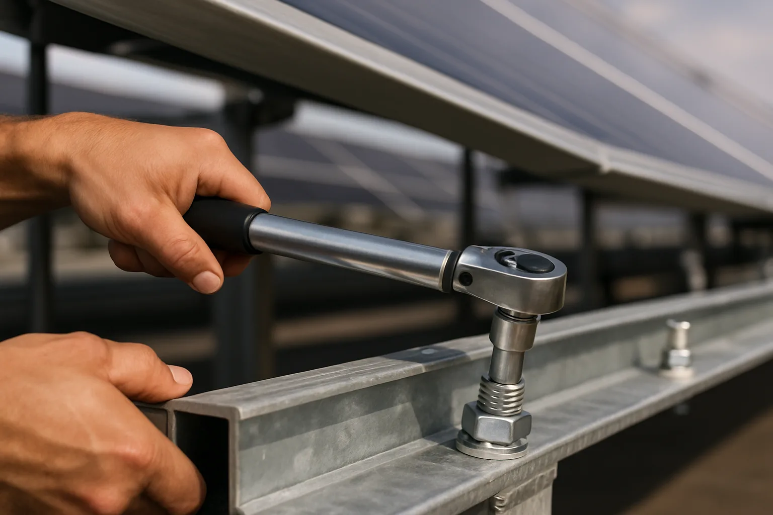 Hands using a calibrated torque wrench on a galvanised bolt joining a solar mounting channel purlin to a rafter, with a paint stripe visible on an adj