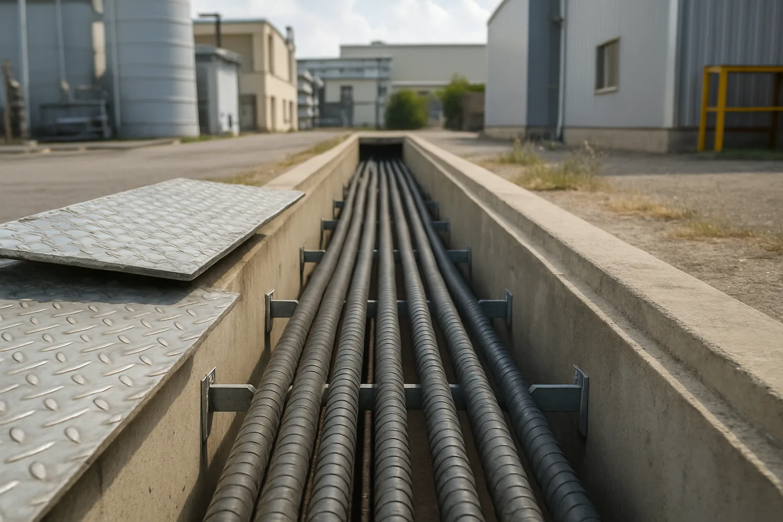 An open industrial cable trench in a plant yard with chequered plate covers lifted to one side, showing armoured power cables resting on wall brackets