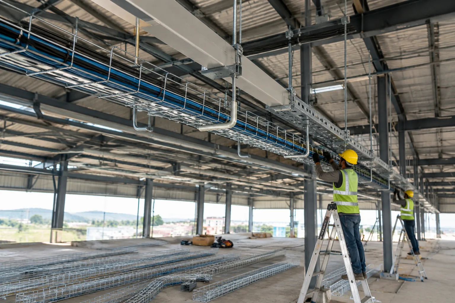 Installers fixing a wire mesh basket cable tray to unistrut supports in a warehouse ceiling