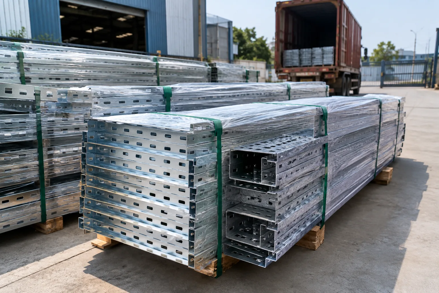 Strapped bundles of perforated cable trays with size tags ready for dispatch from the packing unit