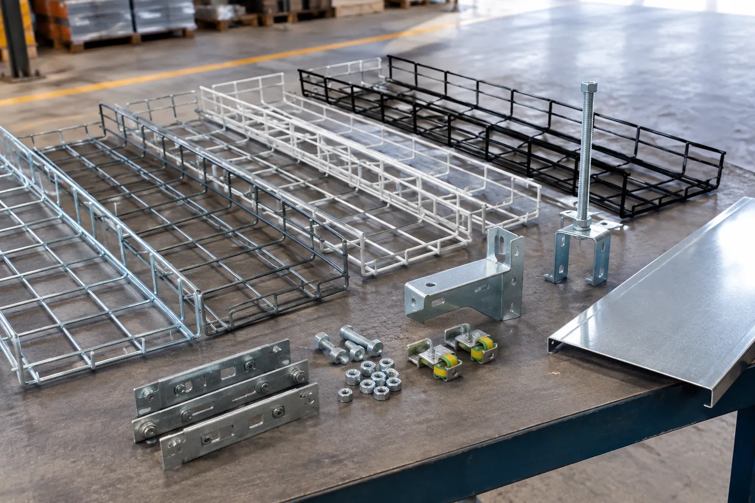 Wire mesh basket tray with couplers, earthing connectors, wall bracket, threaded rod hanger and cover