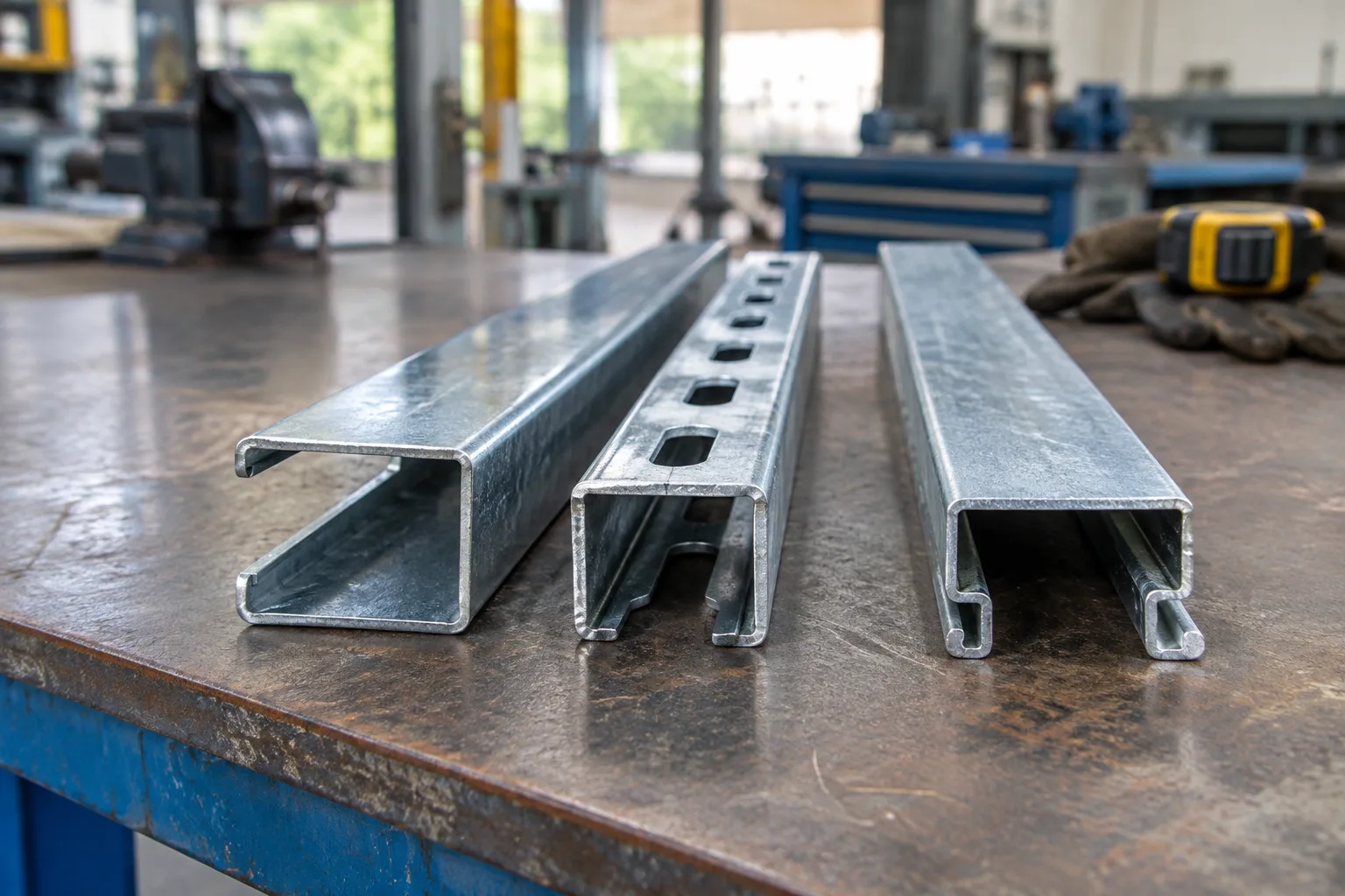 Lipped C, slotted strut and custom profile galvanised channels laid side by side showing their section shapes