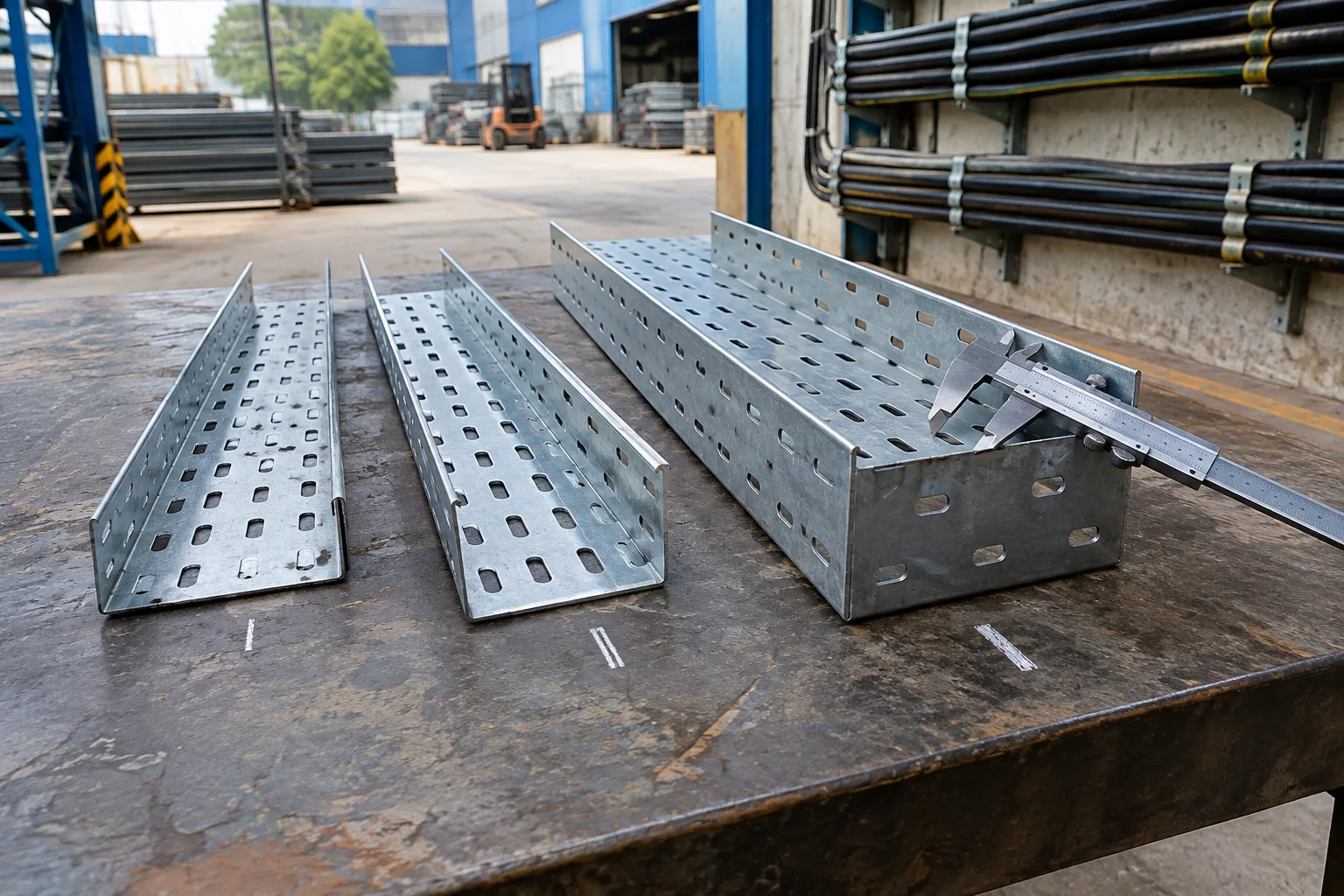 Three perforated cable tray sections of different sheet thickness on a bench with a caliper measuring one edge