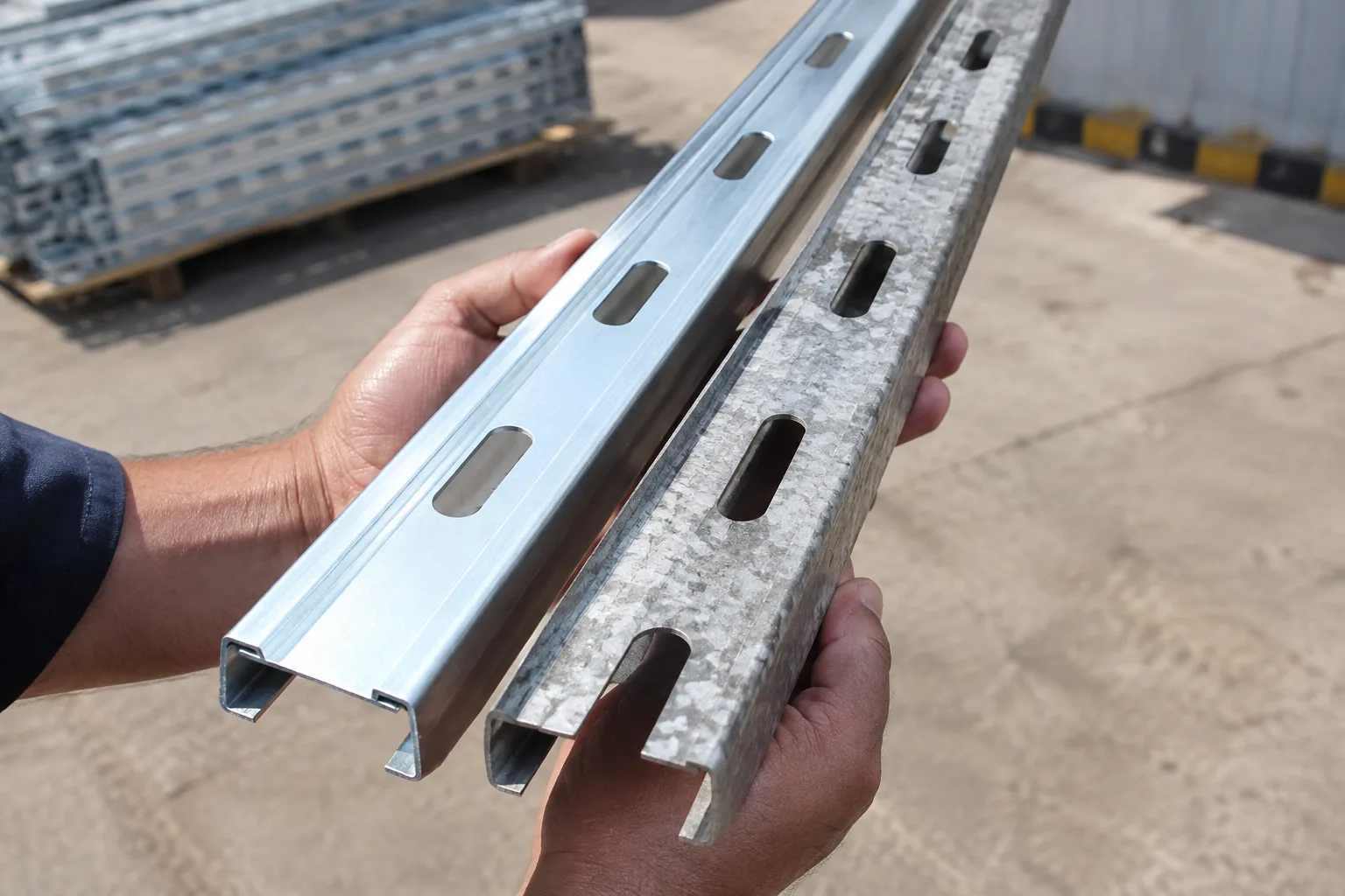 Pre-galvanised and hot dip galvanised solar mounting channels compared, with punched slots visible on both