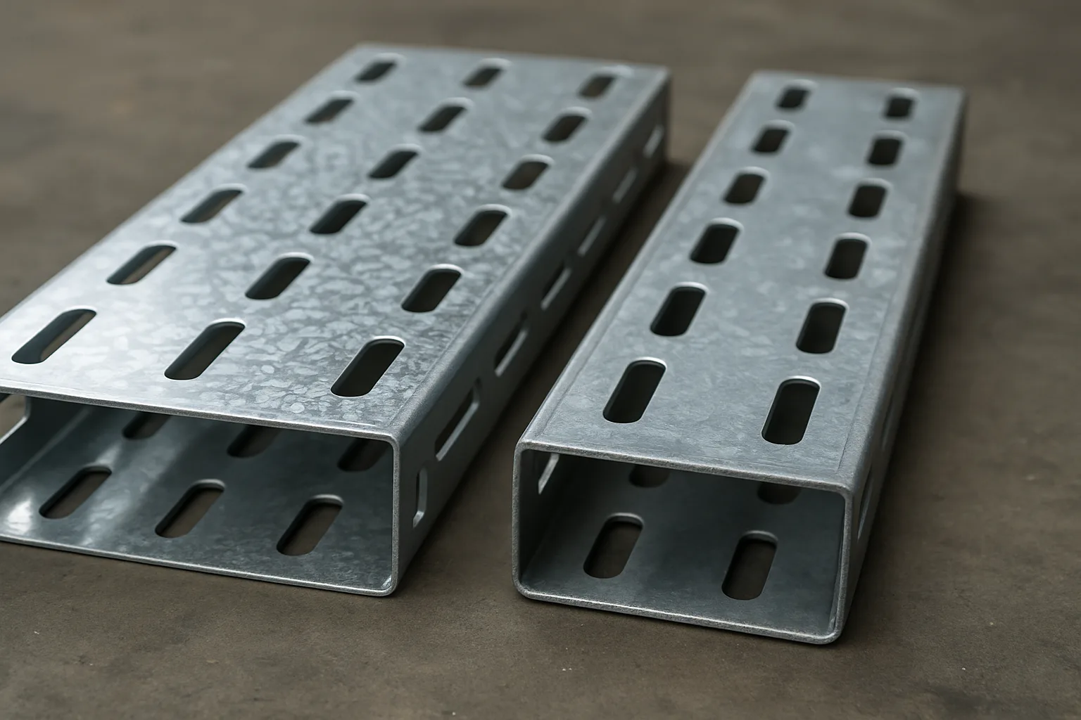 Pre-galvanised and hot dip galvanised perforated cable tray offcuts side by side, showing the two finishes
