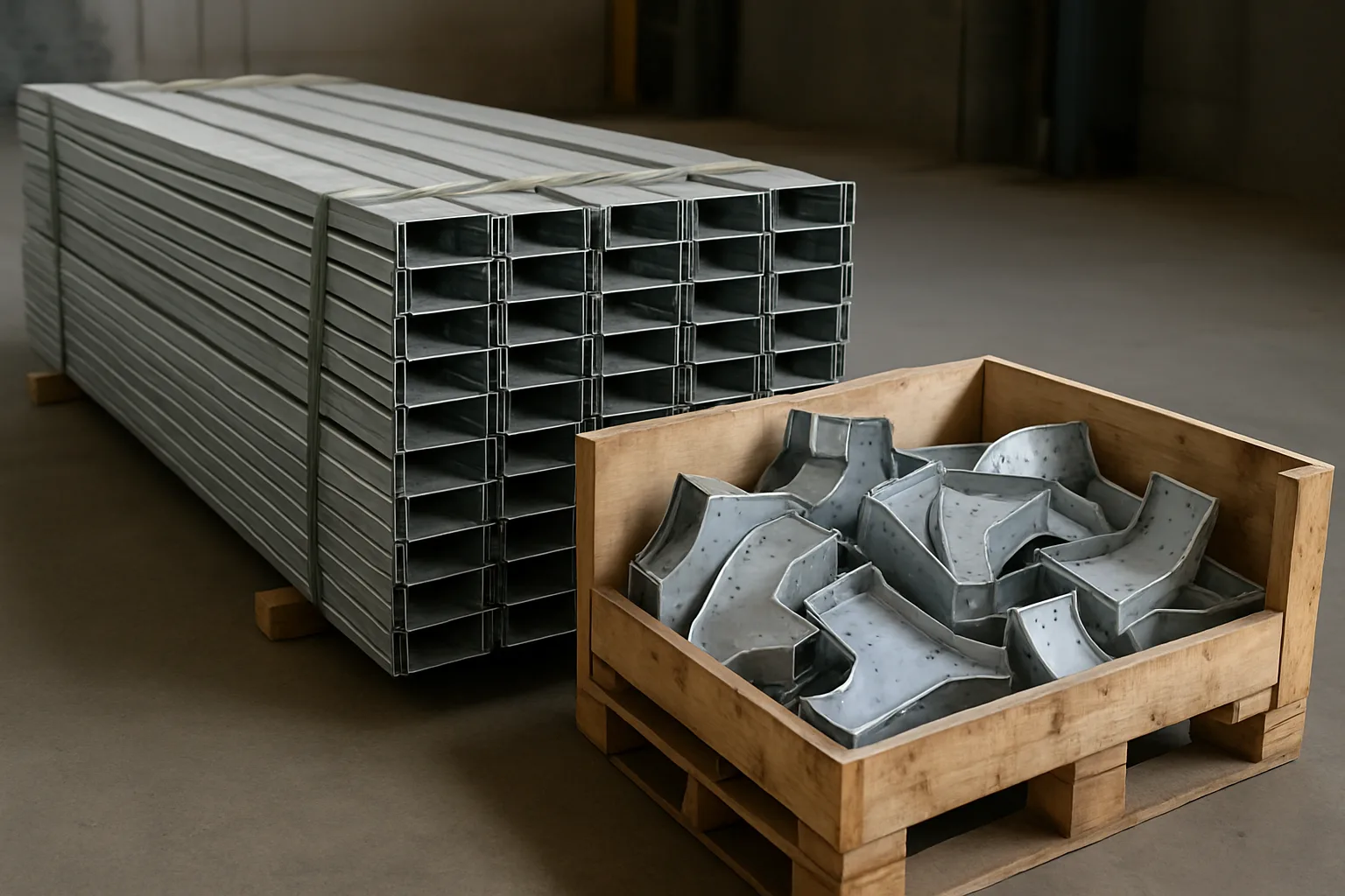 Cable tray straight lengths bundled beside a crate of custom bends, tees and reducers ready for despatch