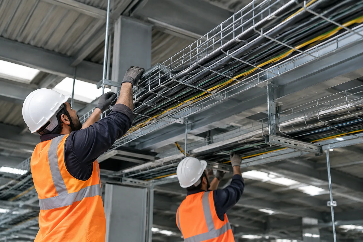 Hot dip galvanised ladder cable tray outdoors carrying armoured power cables with spare space for more
