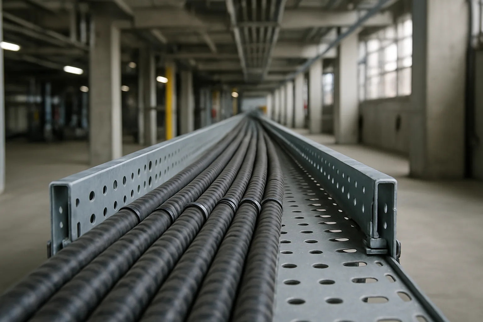 Perforated cable tray run in an industrial plant carrying a single layer of armoured power cables