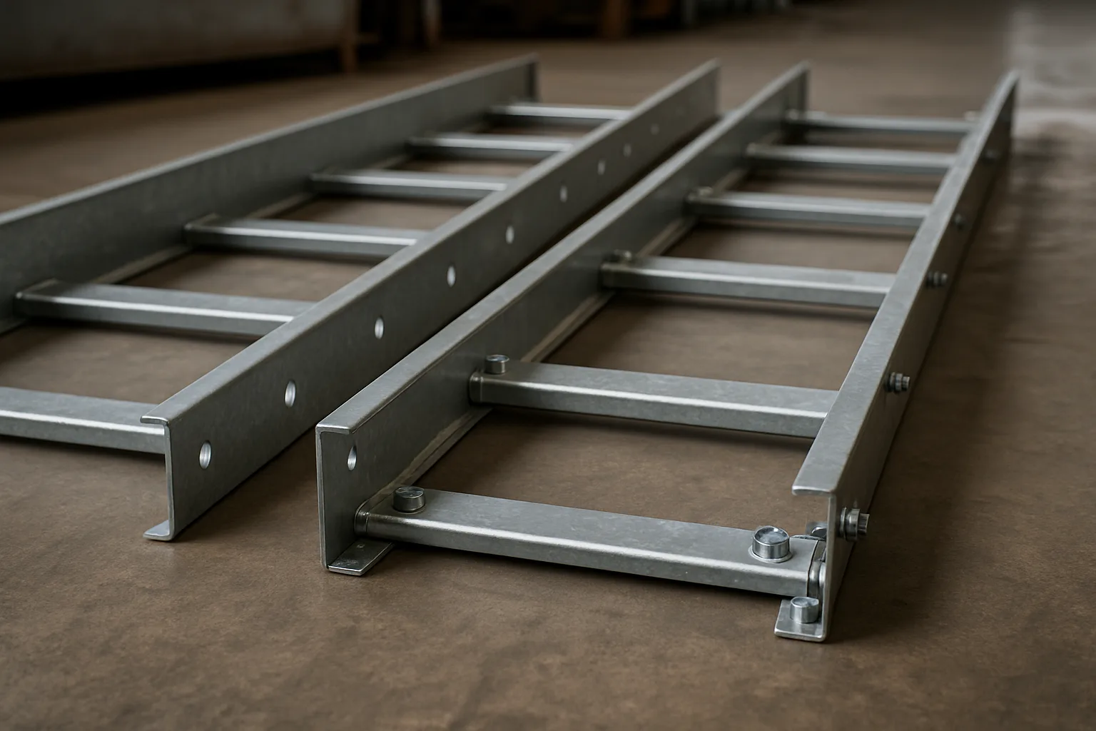 Welded ladder cable tray beside a bolt and nut ladder cable tray on the shop floor at the Pune works