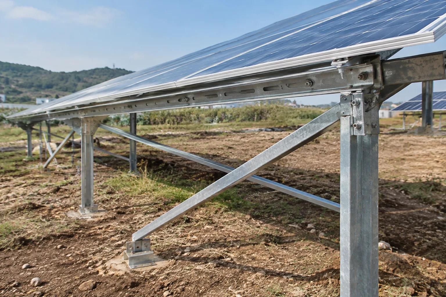Ground mount solar array supported by galvanised mounting channels and bracing with bolted joints