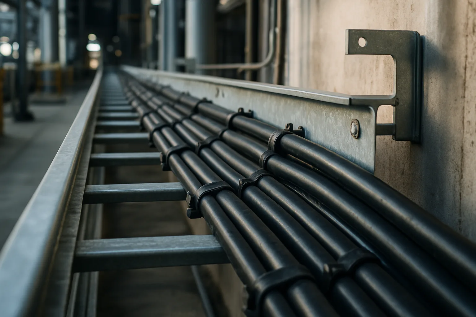Galvanised ladder cable tray run in an industrial plant, showing its side rails, evenly spaced rungs and support brackets