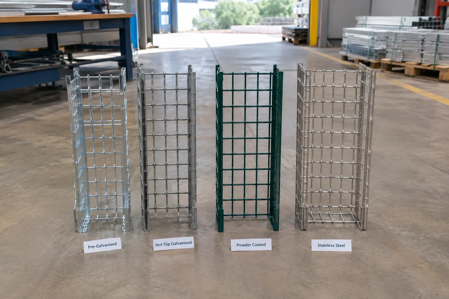 Basket cable tray samples in pre-galvanised, hot dip galvanised, powder coated and stainless steel finishes