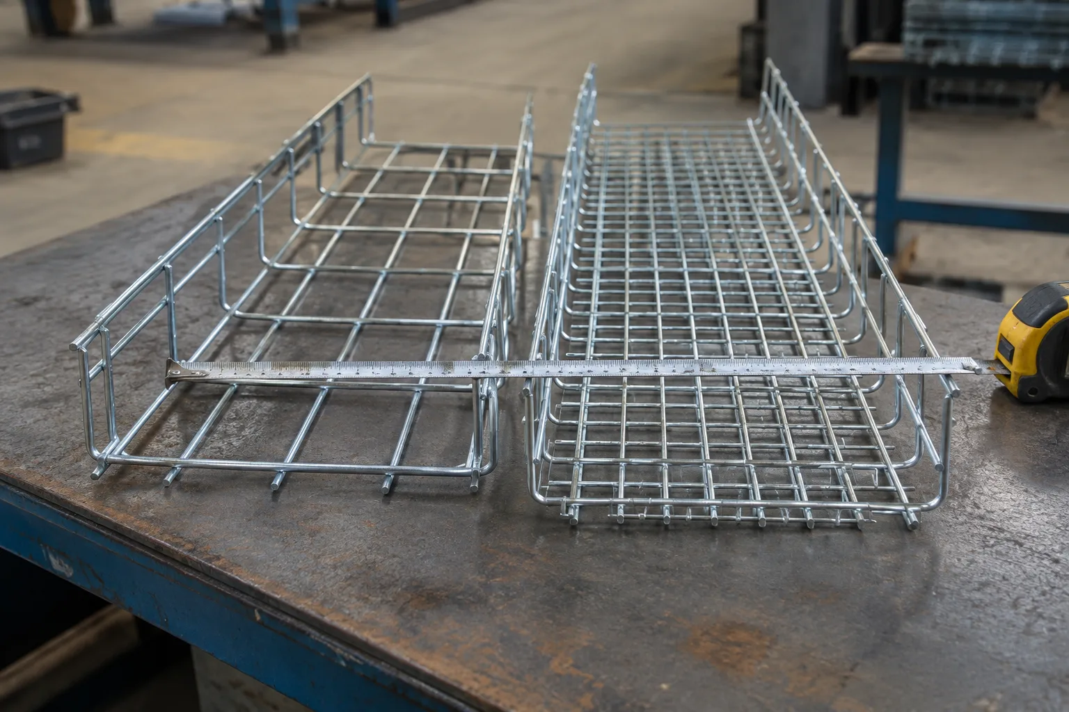 Two wire mesh basket cable tray sections with different grid spacing beside a measuring tape