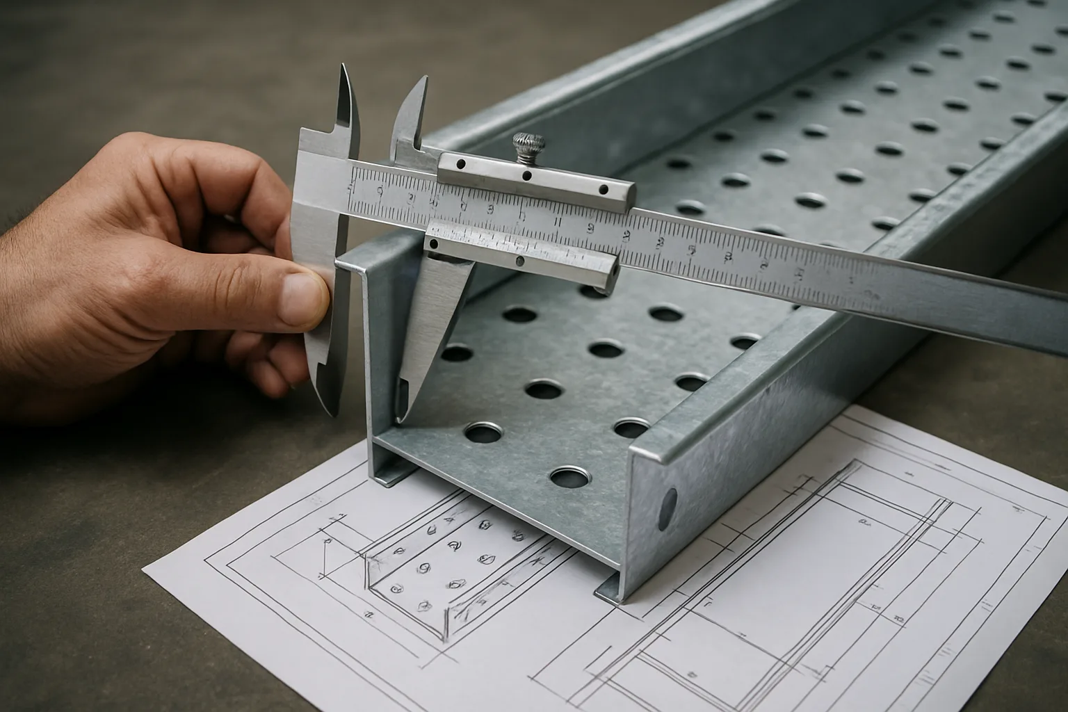 Vernier caliper checking the flange height of a perforated cable tray section against its approved drawing