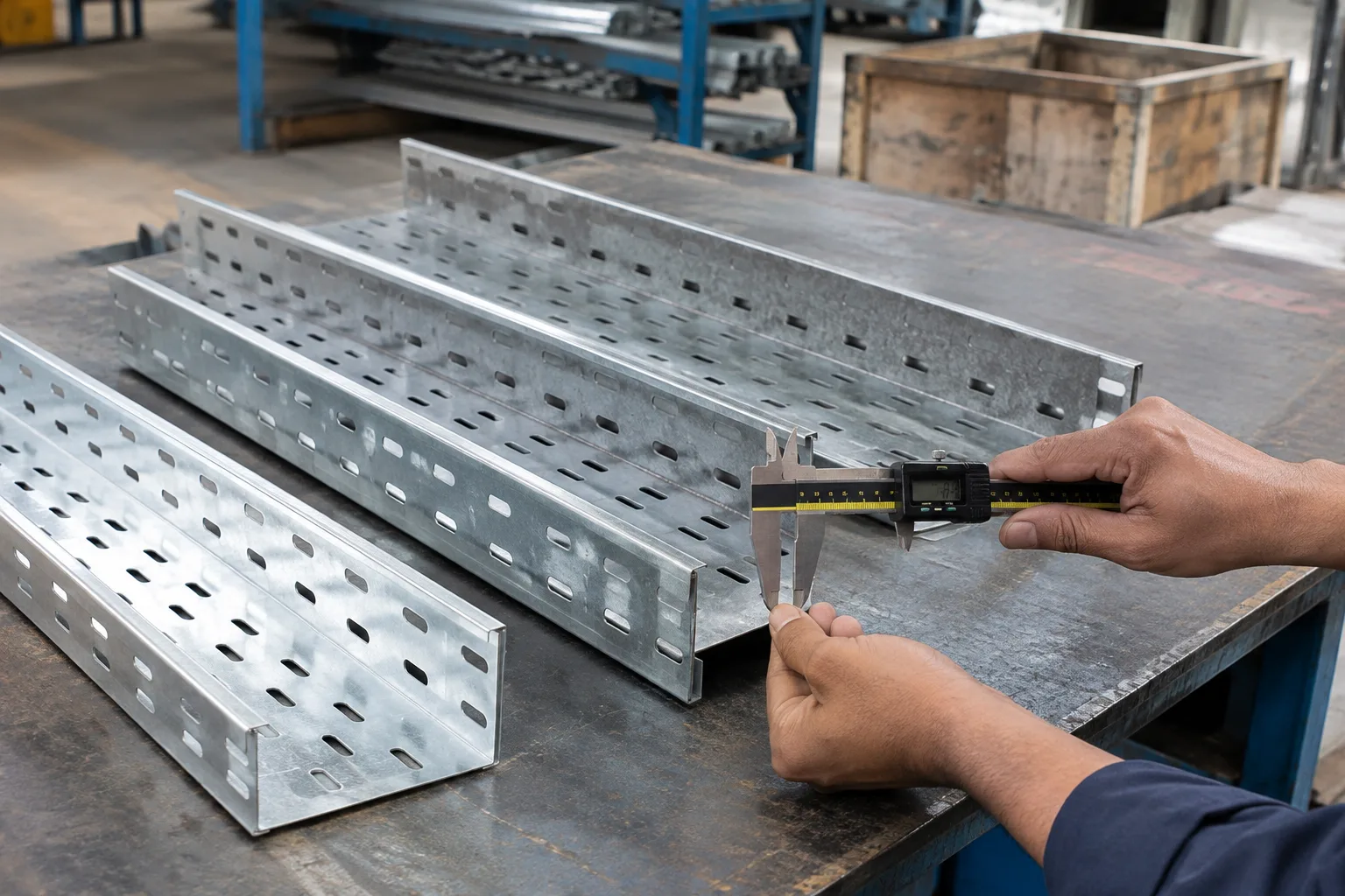 Pre-galvanised and hot dip galvanised perforated cable trays side by side showing the difference in zinc finish