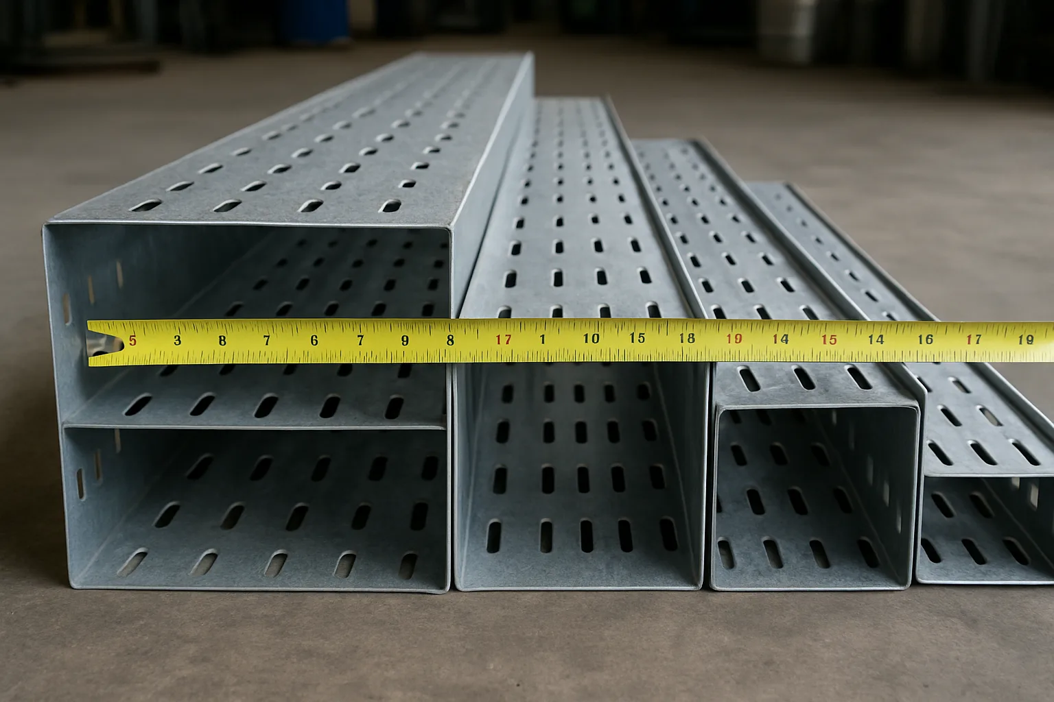 Perforated cable tray sections in several widths and side heights stacked at the Pune works