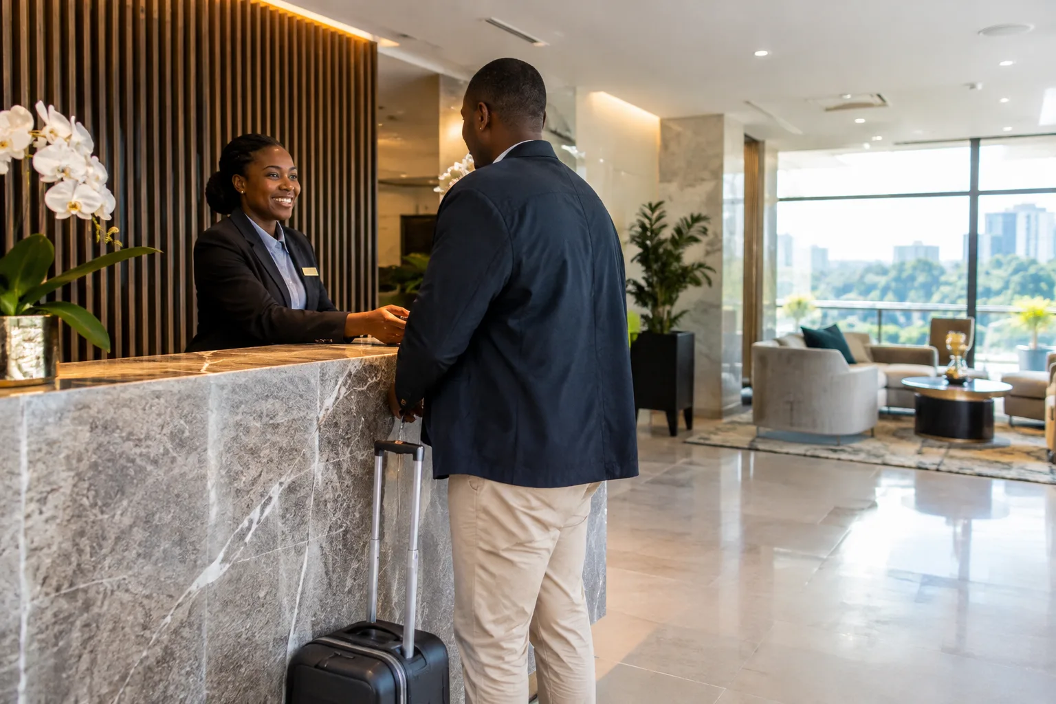 Concierge welcoming a guest with a suitcase at the hotel-style reception of Le Mirage in Westlands