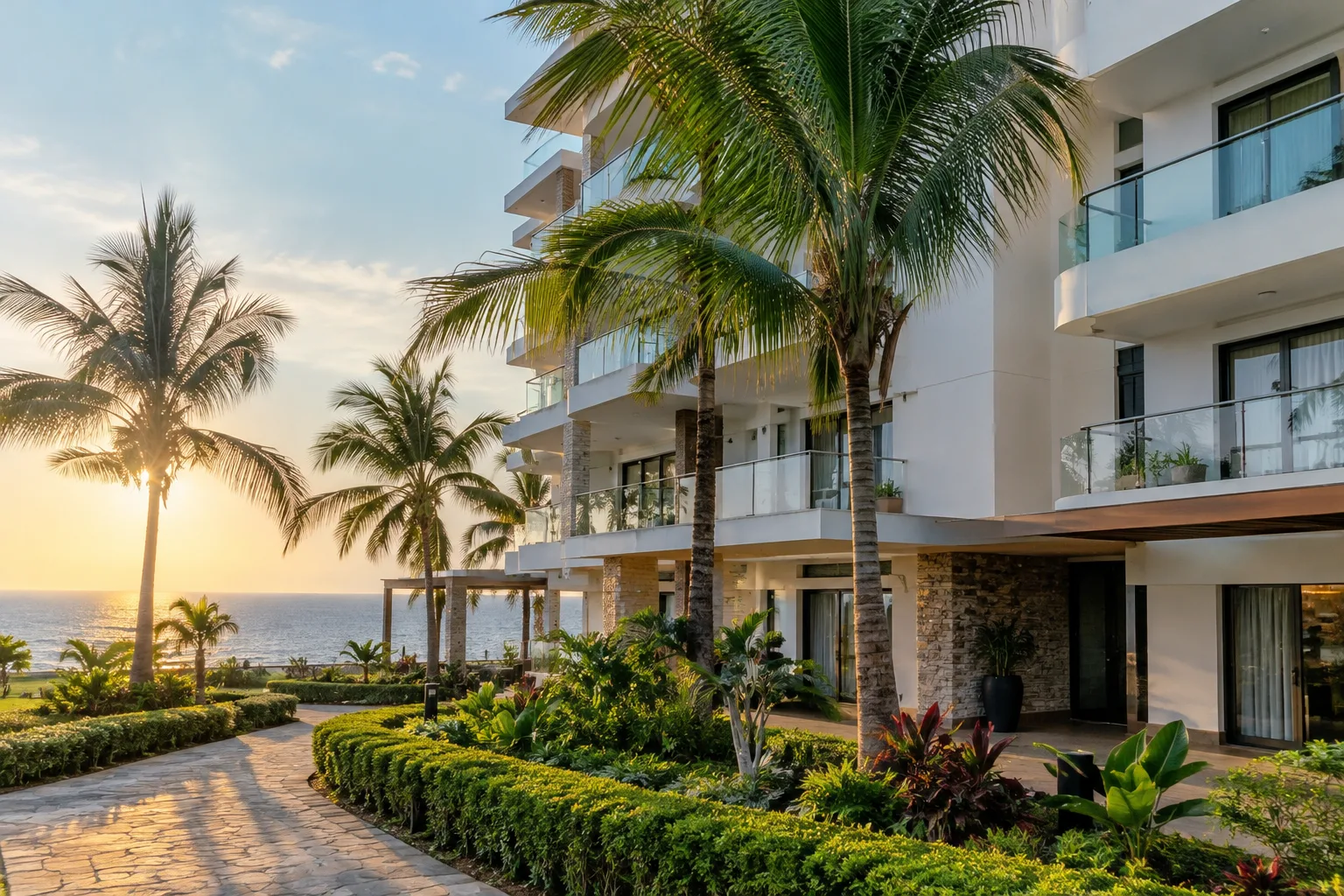 Completed SMB Suites apartment building in Kizingo with ocean-facing balconies and palm trees