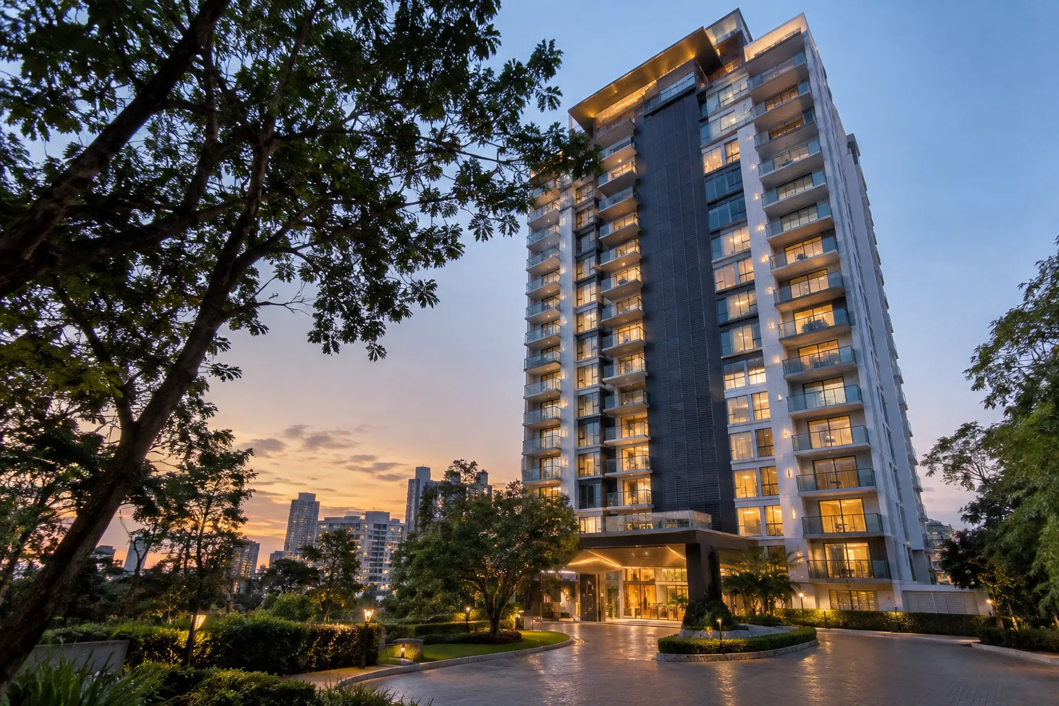 Contemporary high-rise residential tower in Westlands, Nairobi, at dusk with landscaped entrance