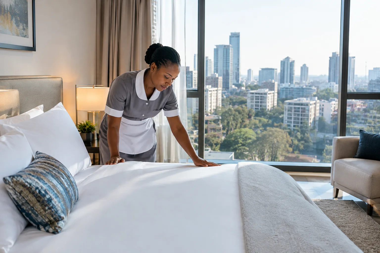 Housekeeper preparing fresh linen in a furnished Nairobi apartment bedroom with city views