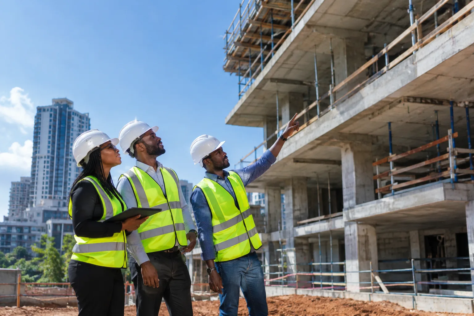 Couple in hard hats touring a high-rise construction site with an engineer pointing to upper floors