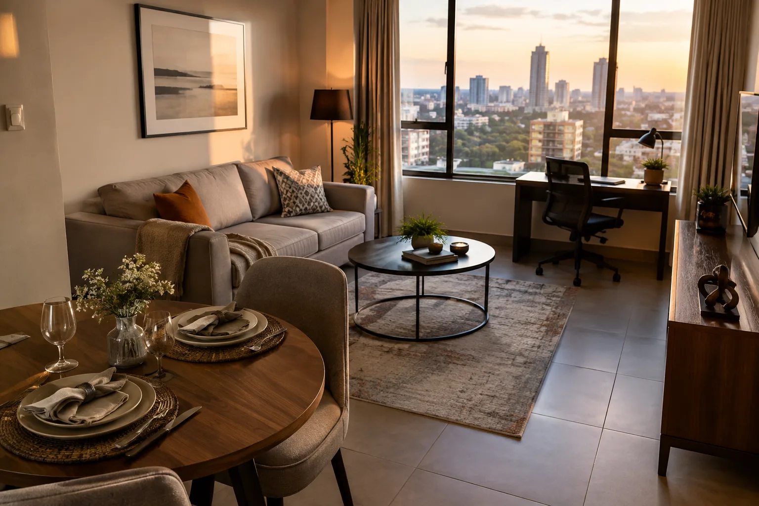 Furnished 1 bedroom living area at Le Mirage with a work desk by the window and the Westlands skyline beyond