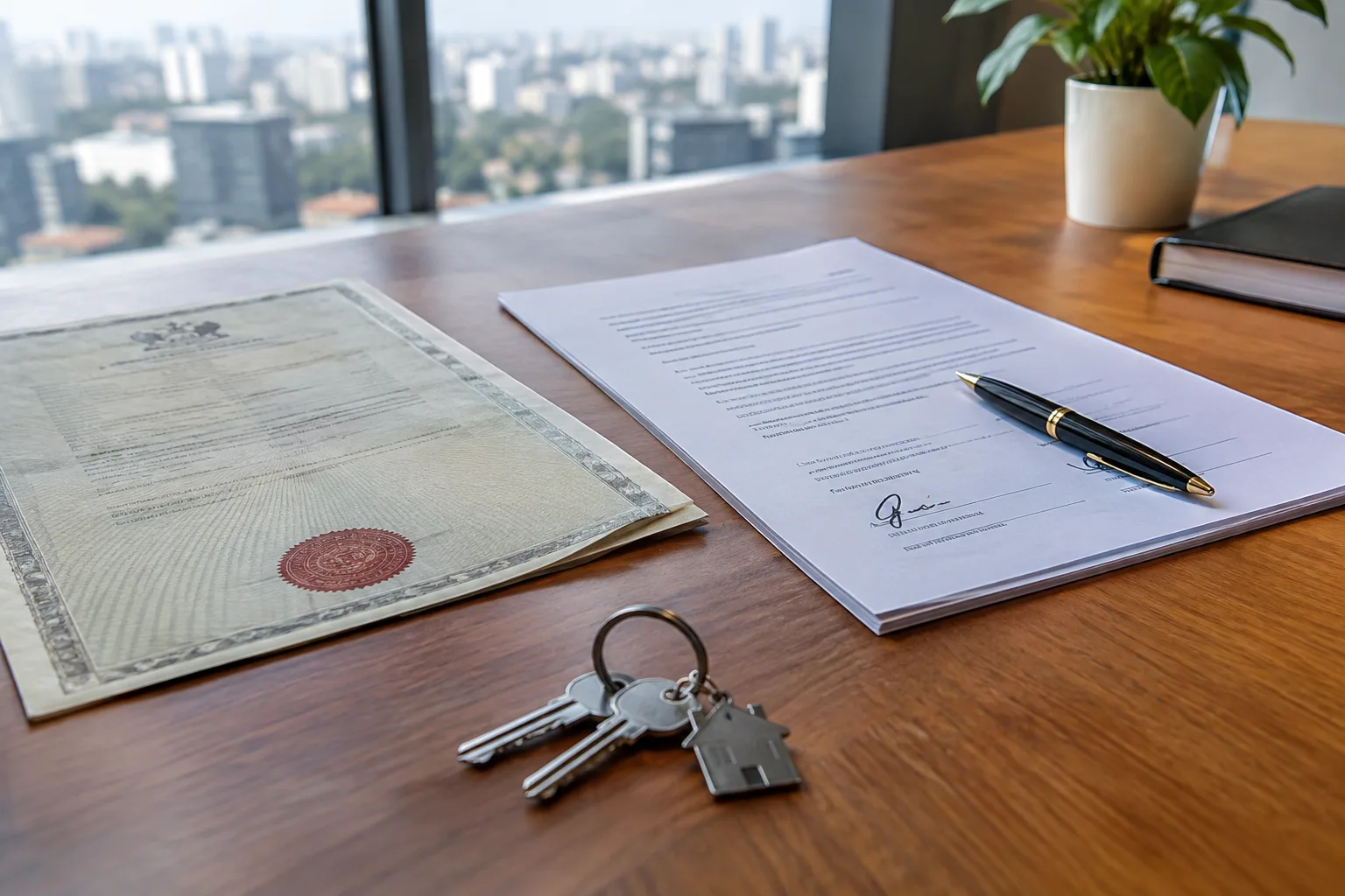 Apartment title document and sale agreement on a desk beside a pen and keys