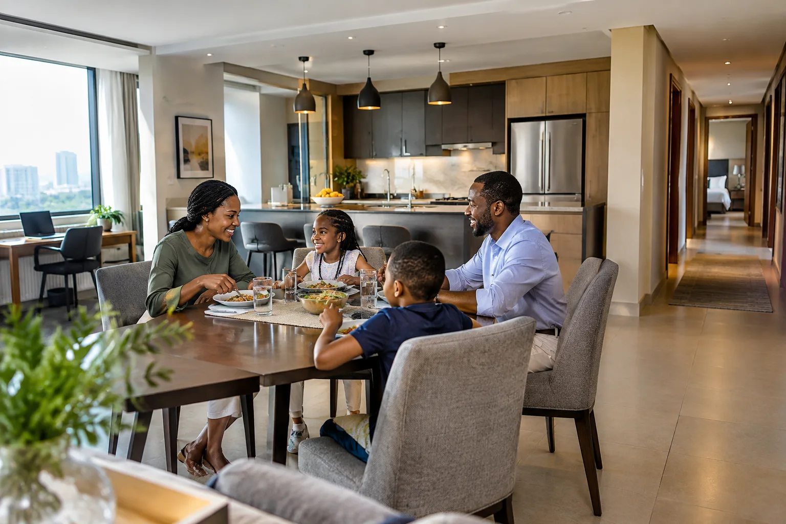 Family at the dining table in a spacious 3 bedroom Le Mirage apartment with an open-plan kitchen behind
