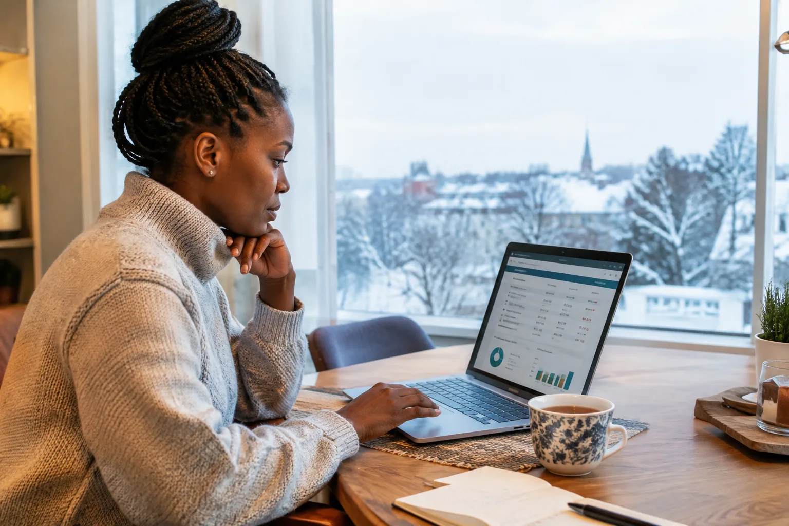 Diaspora owner reviewing a monthly rental statement for a Nairobi apartment on a laptop at home