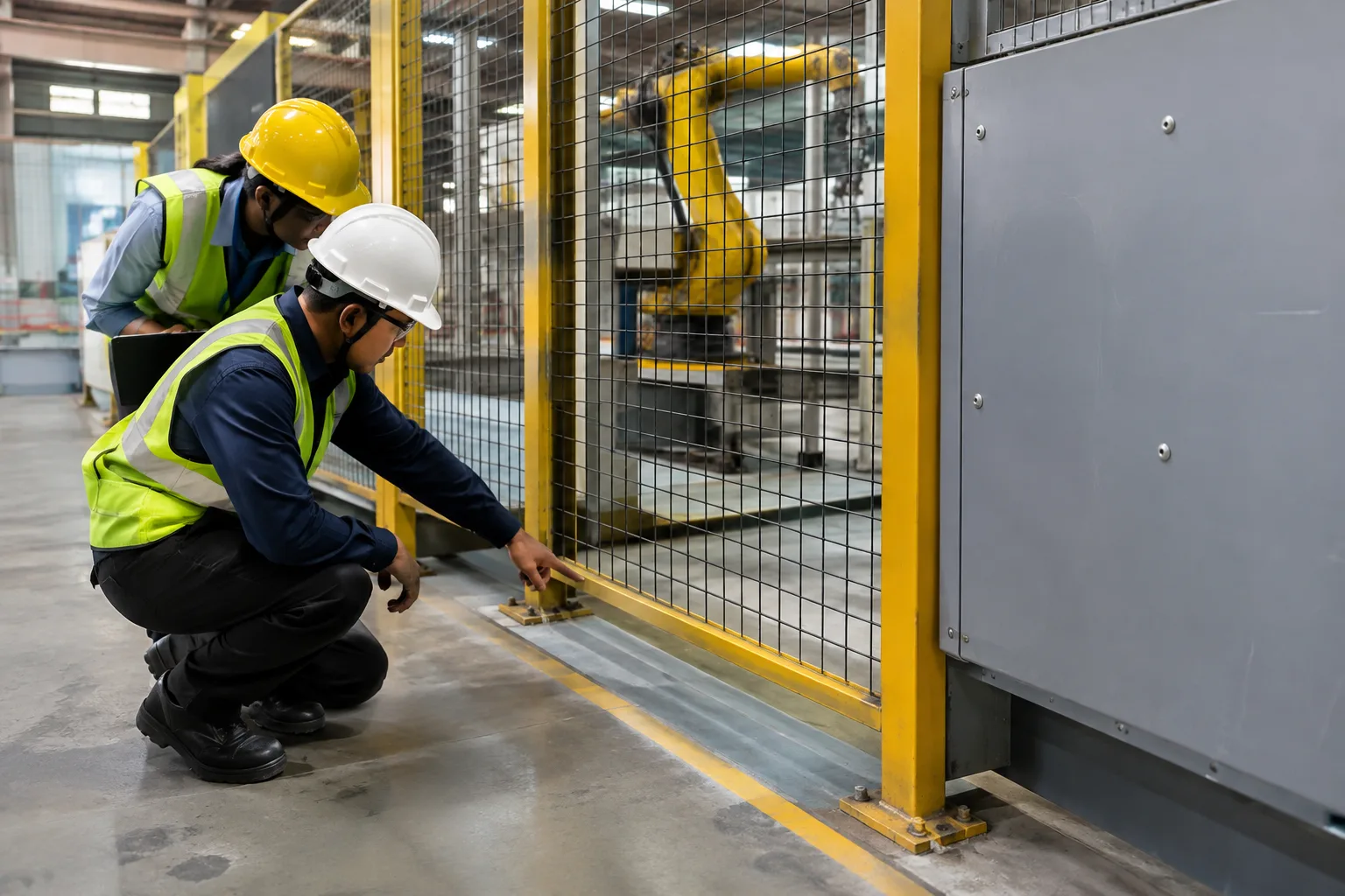 Crew fitting mesh panels to new columns around a stopped robotic welding cell during a plant shutdown