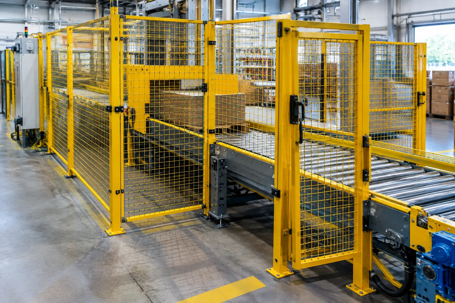 Conveyor safety fencing with steel mesh panels and a locked single-hinge door beside a powered roller conveyor
