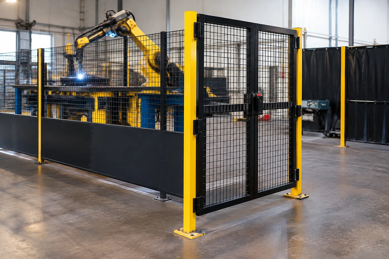 A 40x40 fencing column and a 40x60 fencing column, each fitted with a steel mesh panel and connectors