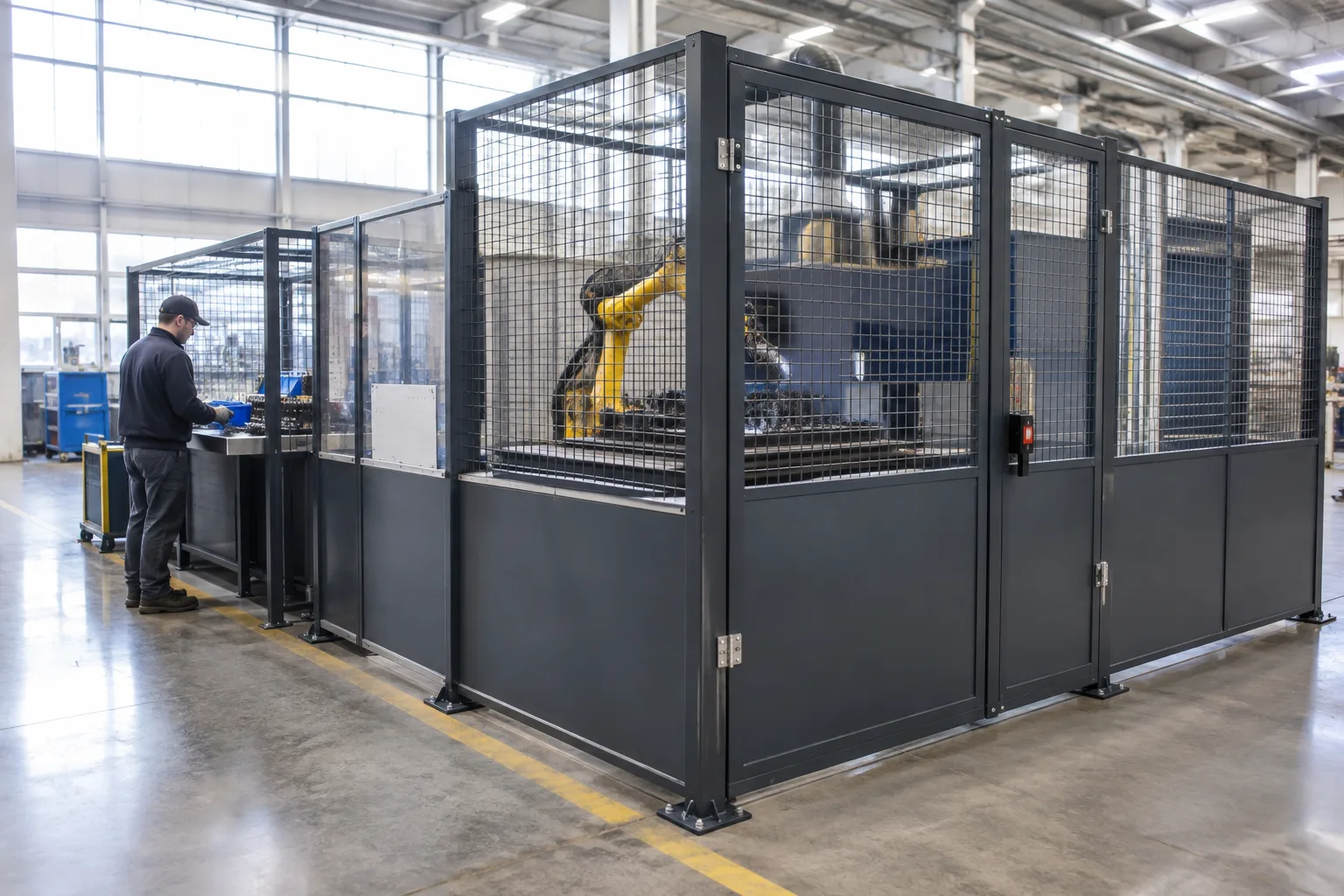 Double-hinge safety door with a lock at the end of a welding robot cell, set away from the weld fixture