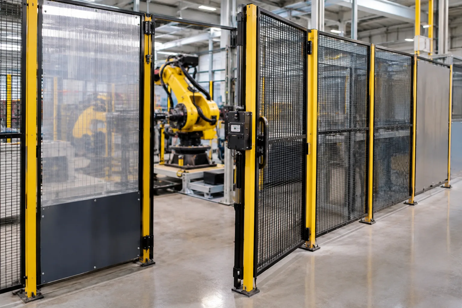 Double-hinge safety fence door with an electric interlock lock mounted on the frame