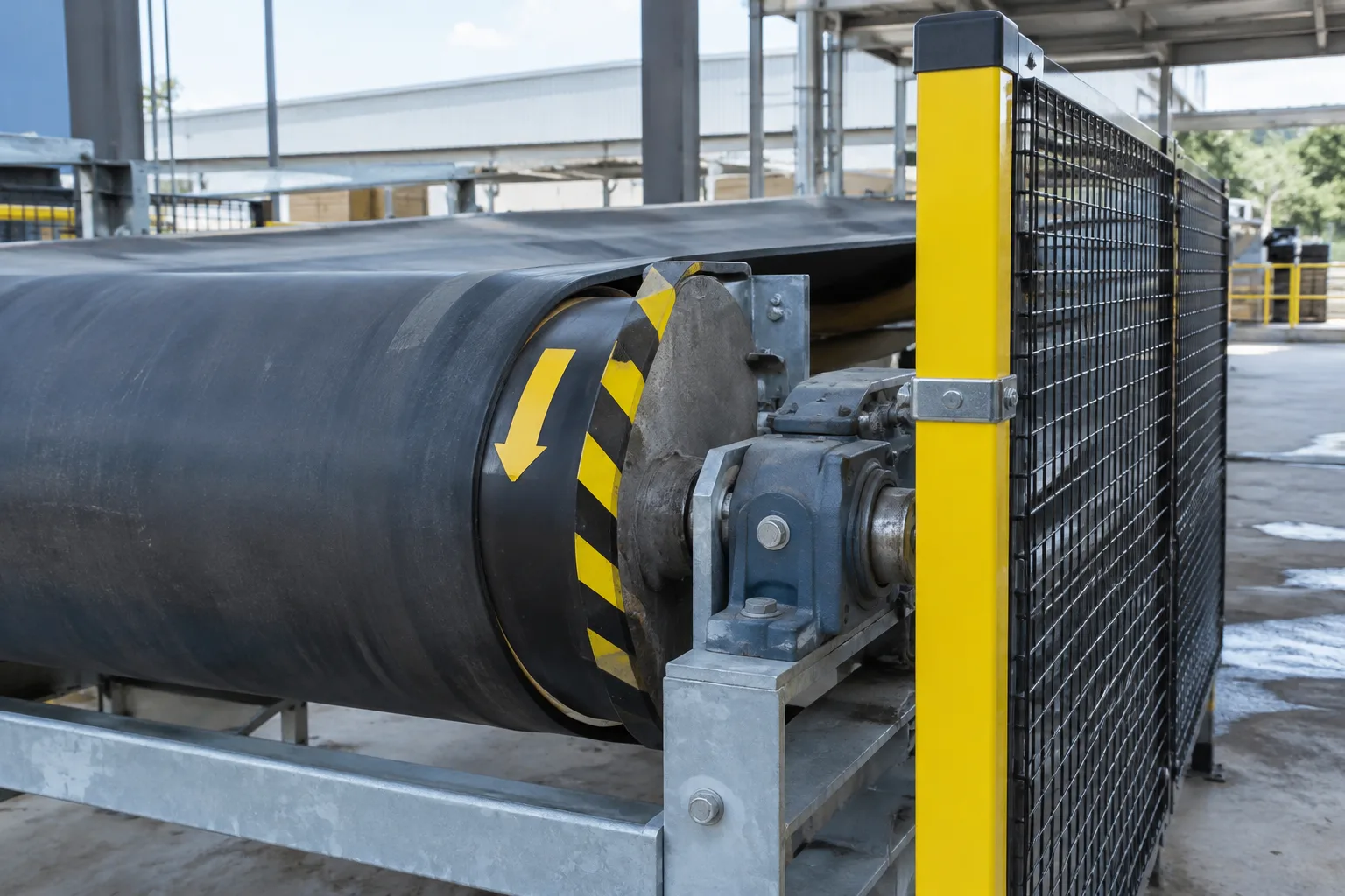 Belt conveyor tail pulley with the in-running nip between belt and pulley marked with hazard tape
