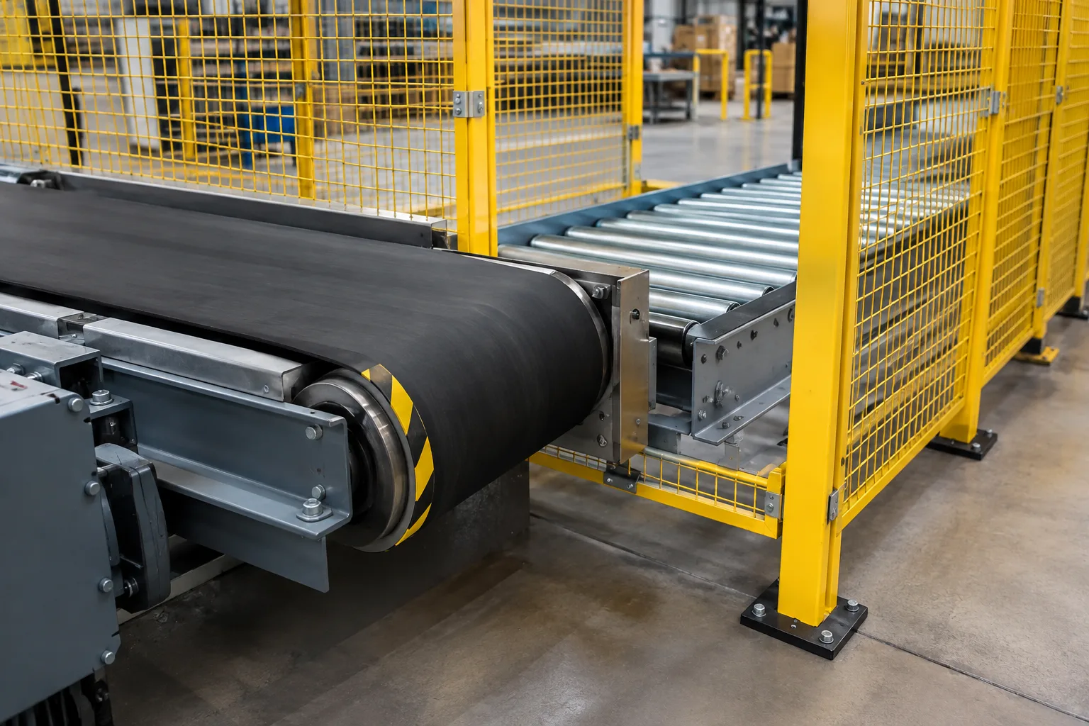 Conveyor transfer zone enclosed by yellow steel mesh safety fencing with a product opening and access door