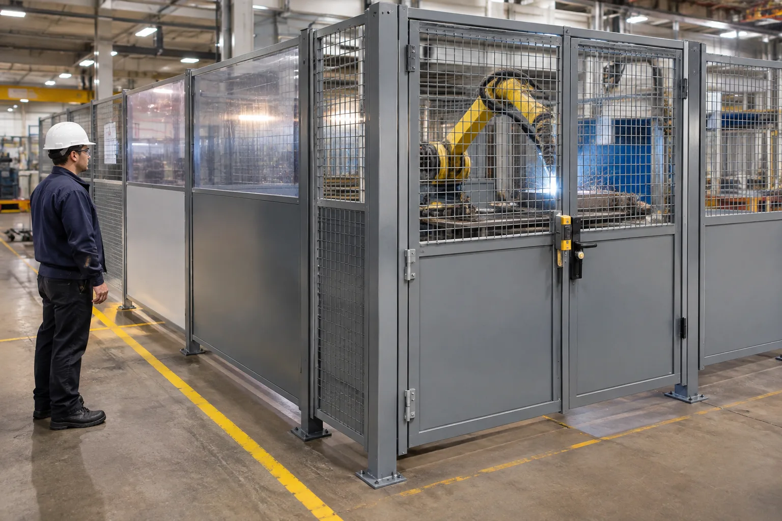 Robotic welding cell fencing with opaque lower infill panels and open steel mesh upper sections around a welding robot