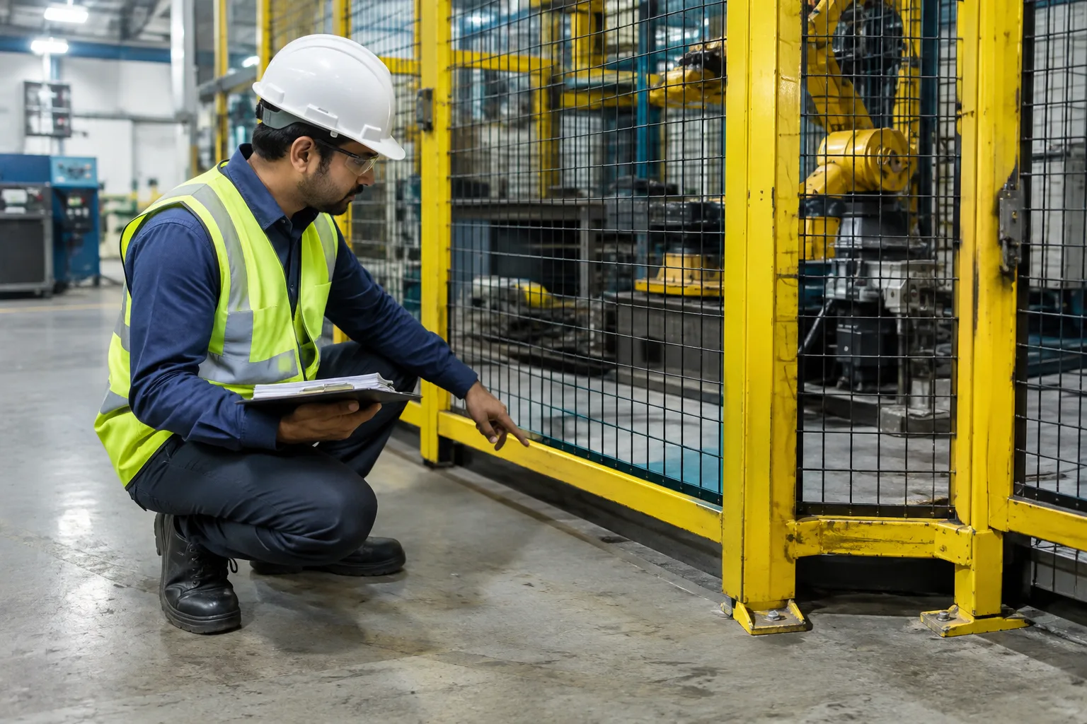 Safety manager pointing at a gap under an old robot cell fence panel during a plant walk-down