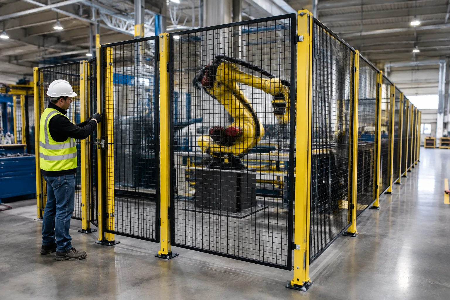 Worker standing beside a tall modular perimeter safety fence surrounding an industrial robot cell